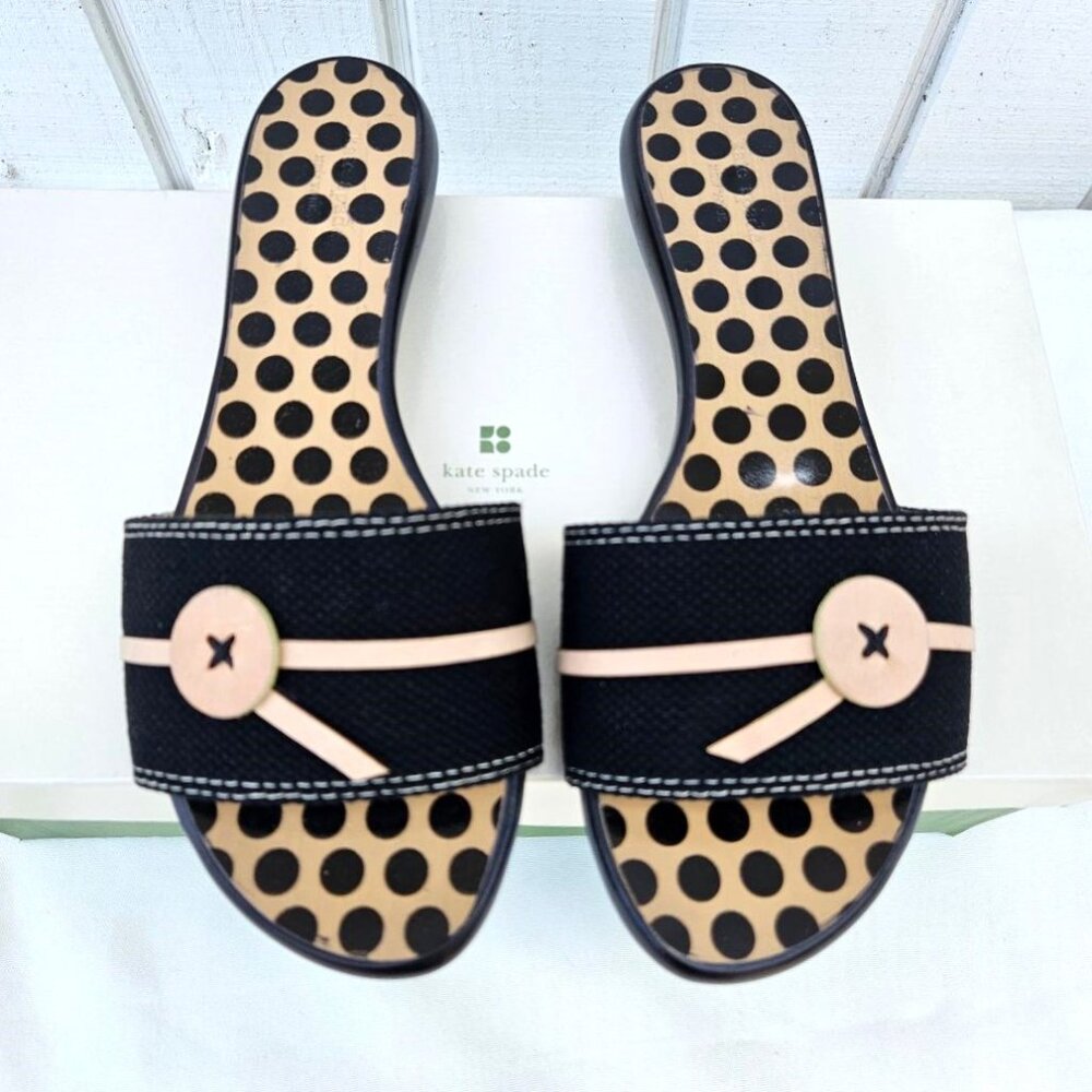 NEW Kate Spade "Toby" Slide Sandals Sz 6B Black & Natural Canvas & Leather